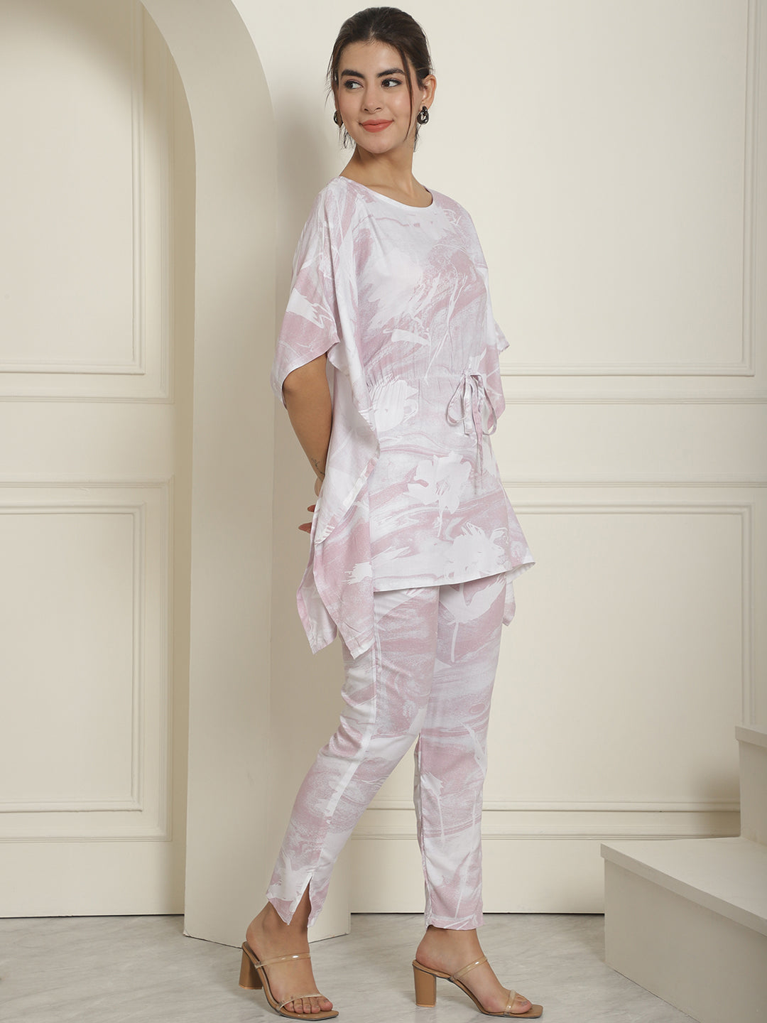 Indian Needle Women's Light-Purple Tie Dye Printed Rayon Kaftan Tunic With Trousers - Light-Purple 