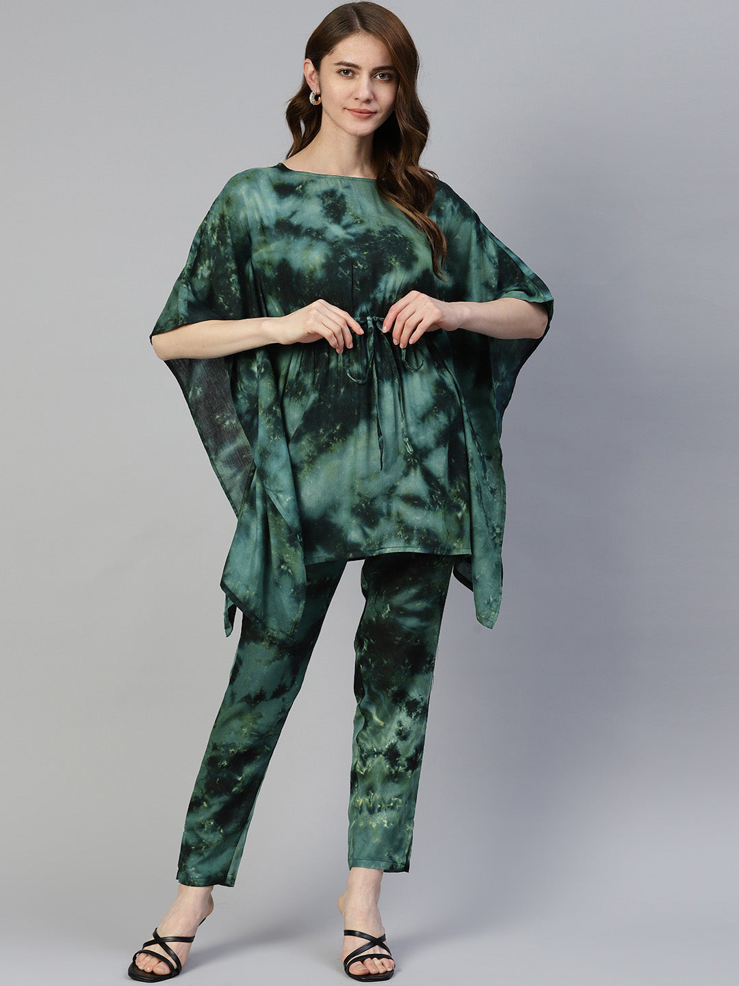 Jainish Women's Olive Green Tie Dye Printed Rayon Kaftan Tunic With Trousers 