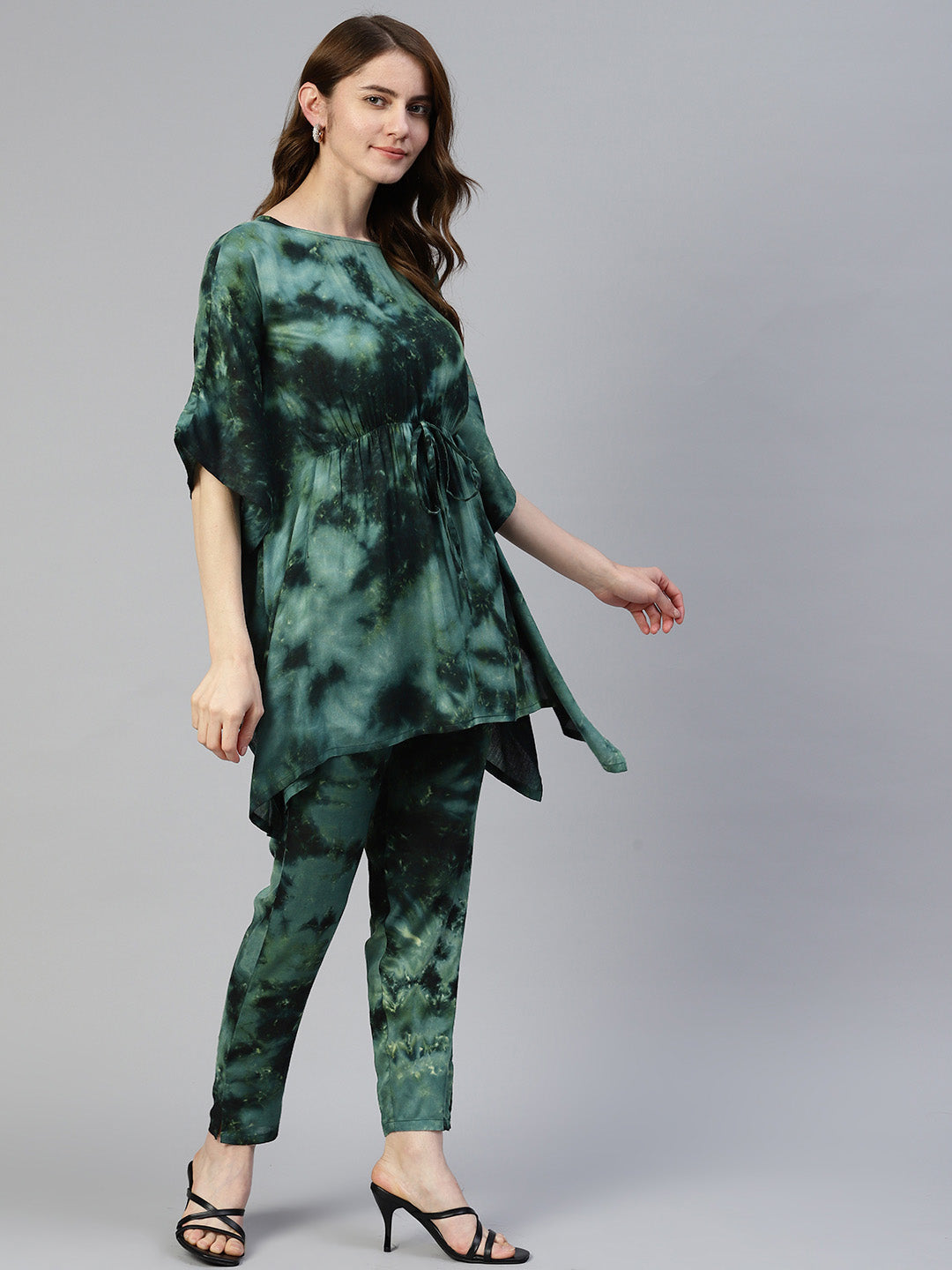 Jainish Women's Olive Green Tie Dye Printed Rayon Kaftan Tunic With Trousers 