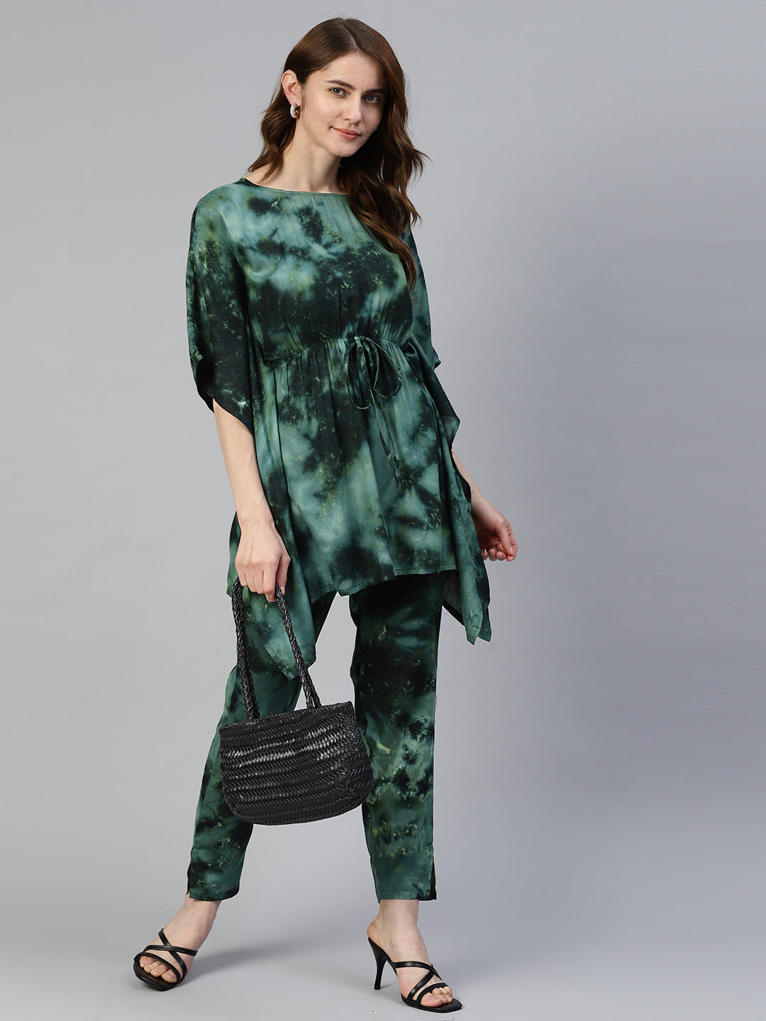 Jainish Women's Olive Green Tie Dye Printed Rayon Kaftan Tunic With Trousers 