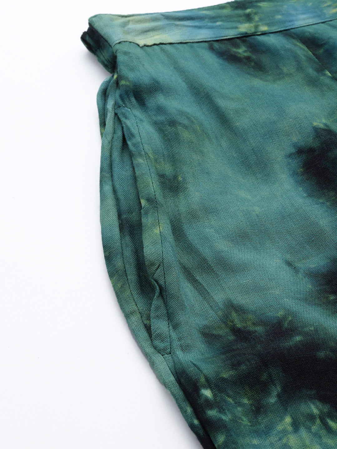 Jainish Women's Olive Green Tie Dye Printed Rayon Kaftan Tunic With Trousers 