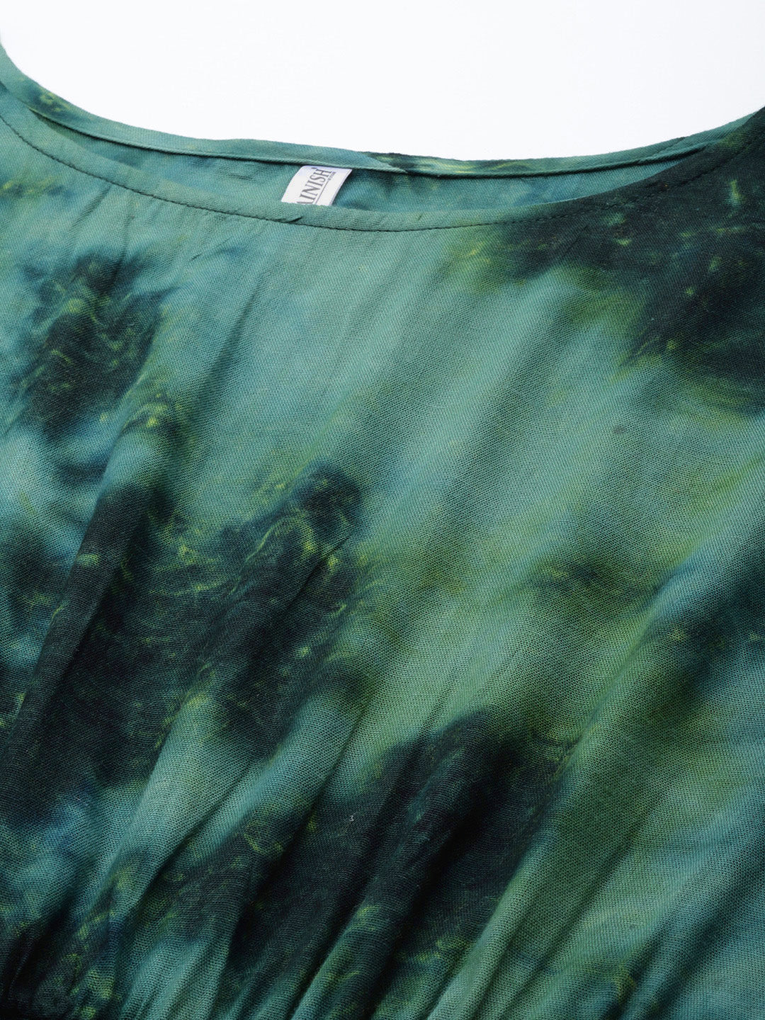 Jainish Women's Olive Green Tie Dye Printed Rayon Kaftan Tunic With Trousers 