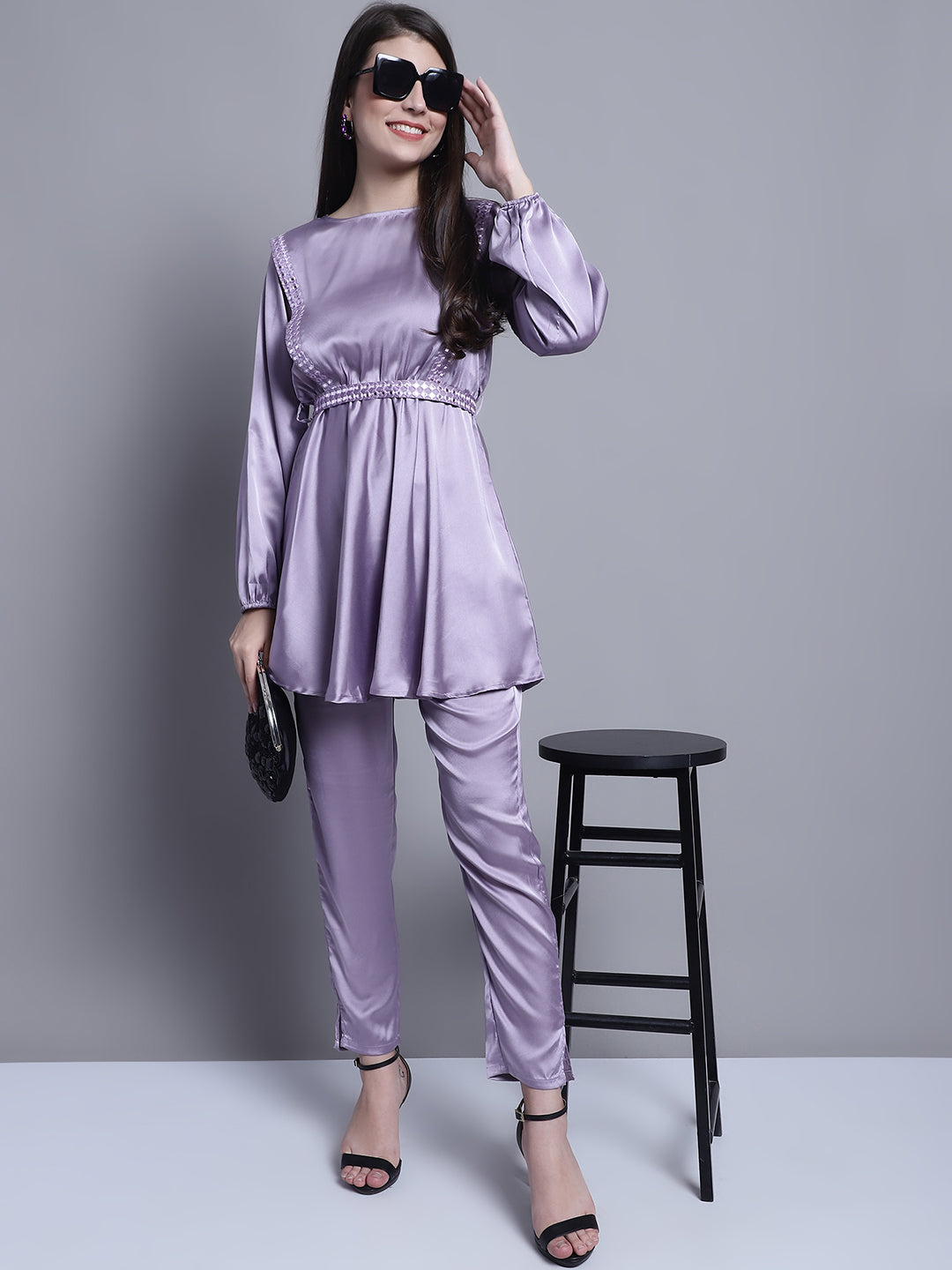 Jainish Women's WoEmbroidered A-line Top and Trouser With Belt - Purple 