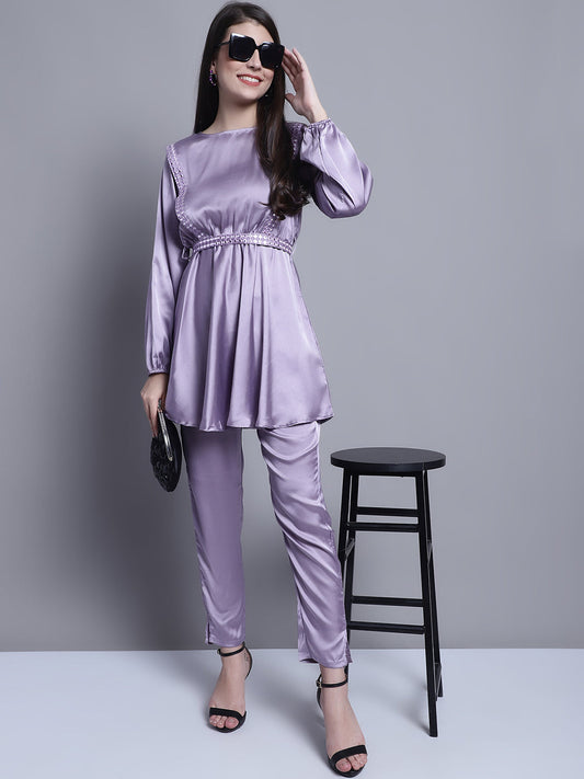 Jainish Women's WoEmbroidered A-line Top and Trouser With Belt - Purple 