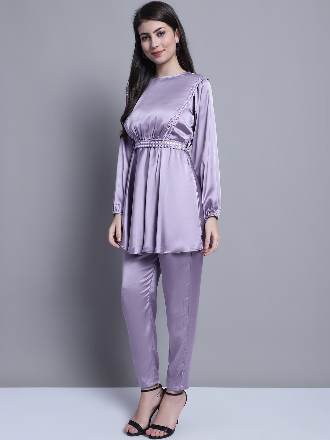Jainish Women's WoEmbroidered A-line Top and Trouser With Belt - Purple 