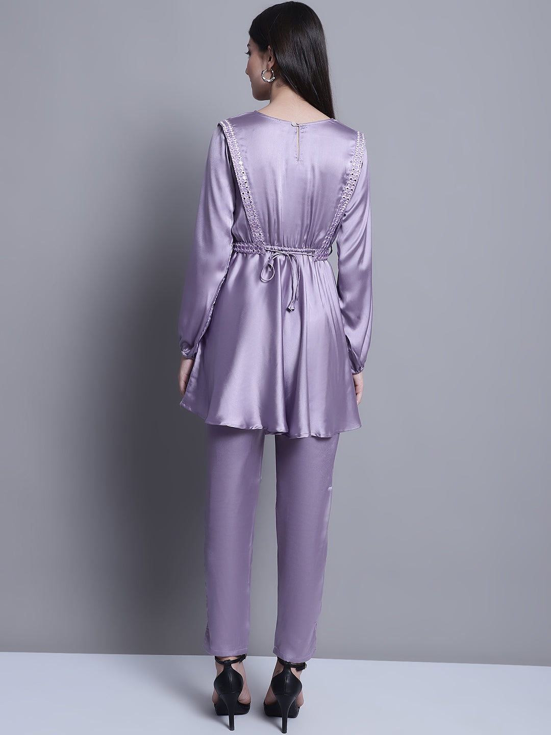 Jainish Women's WoEmbroidered A-line Top and Trouser With Belt - Purple 