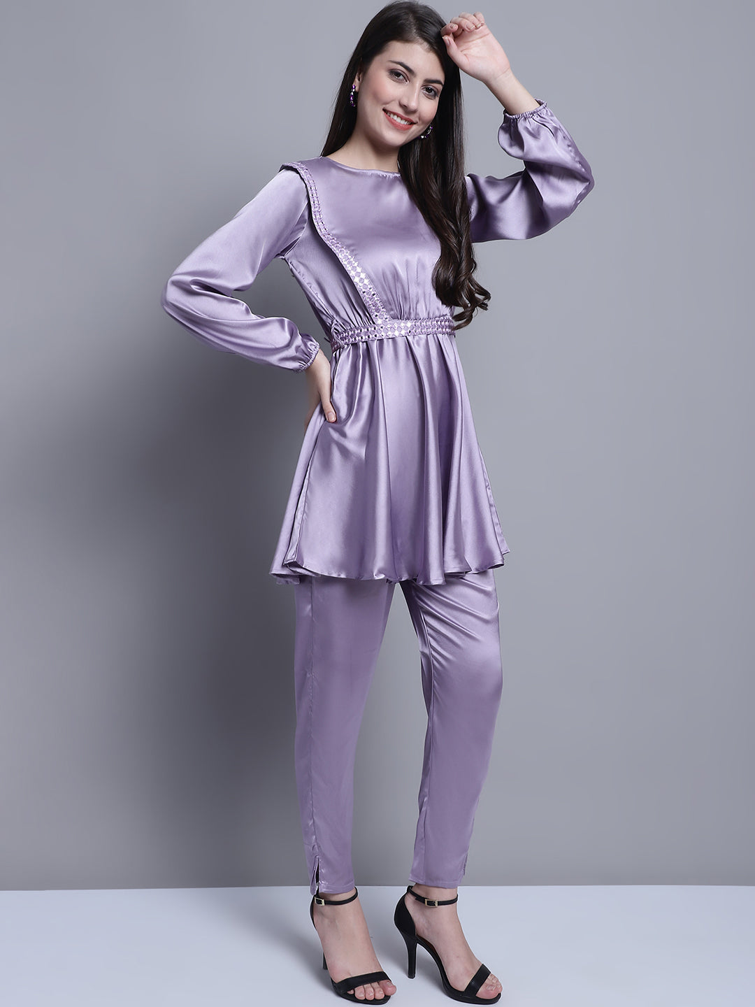 Jainish Women's WoEmbroidered A-line Top and Trouser With Belt - Purple 