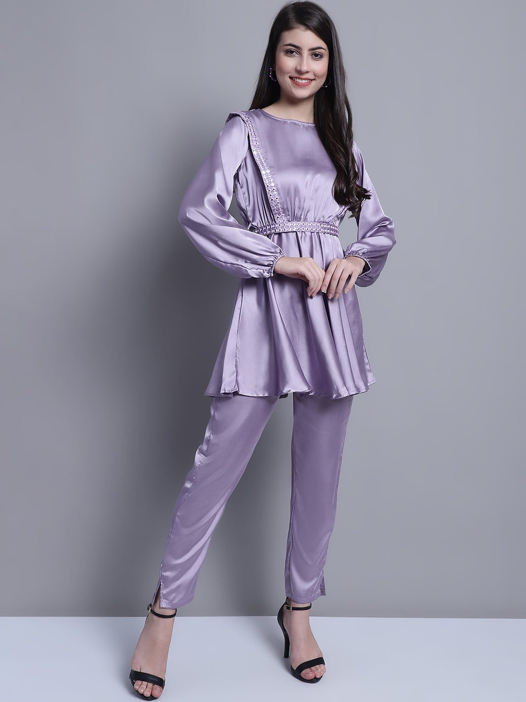Jainish Women's WoEmbroidered A-line Top and Trouser With Belt - Purple 