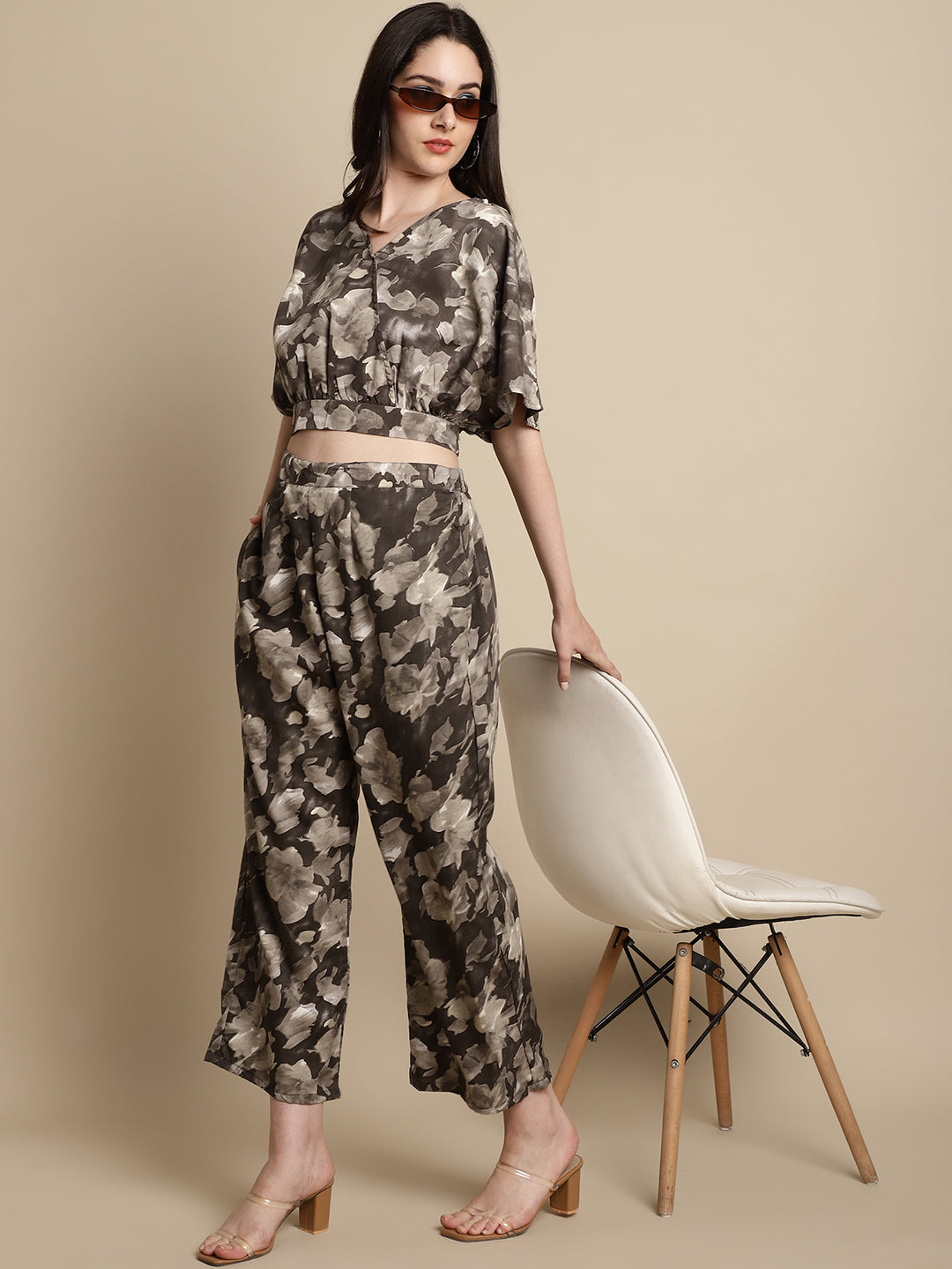 Jainish Women's Brown Printed Crop Top With Palazzos 