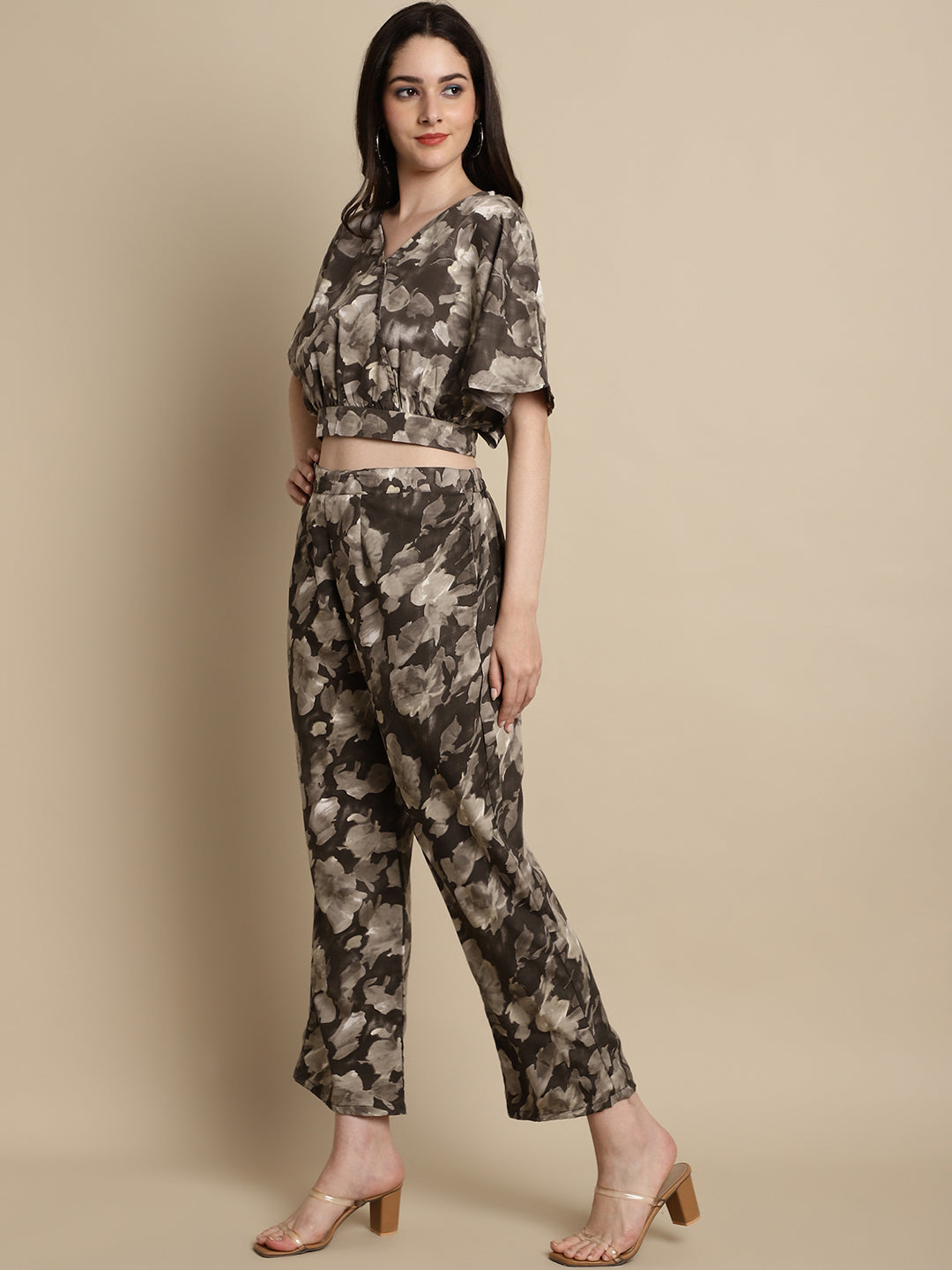 Jainish Women's Brown Printed Crop Top With Palazzos 