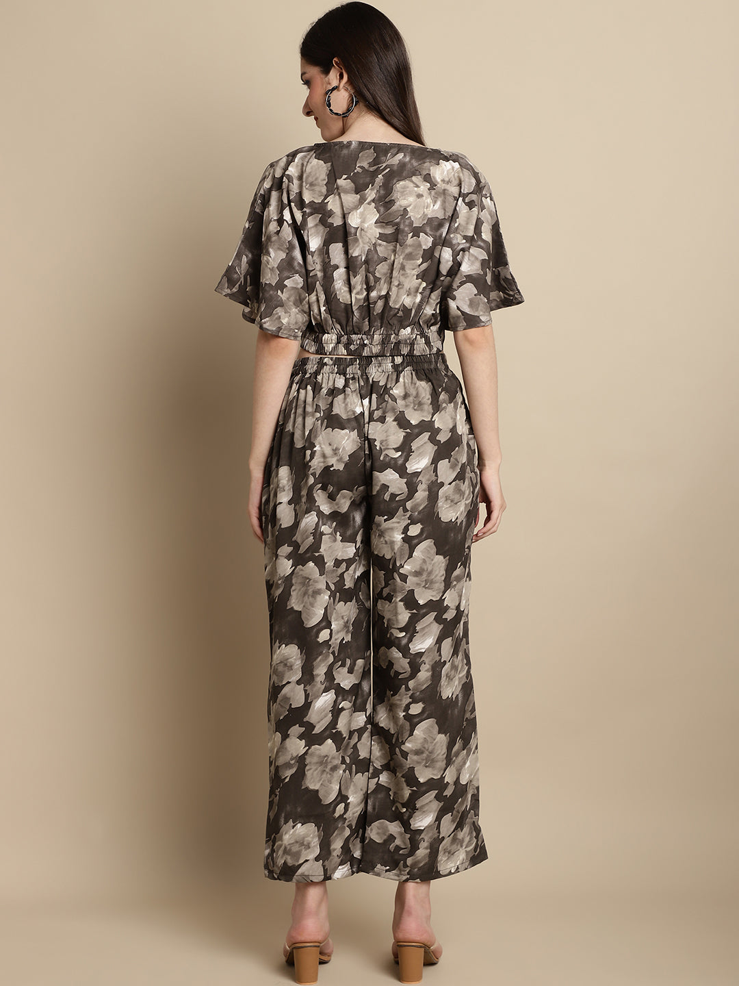 Jainish Women's Brown Printed Crop Top With Palazzos 