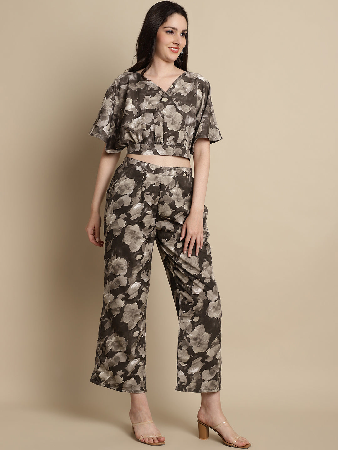 Jainish Women's Brown Printed Crop Top With Palazzos 