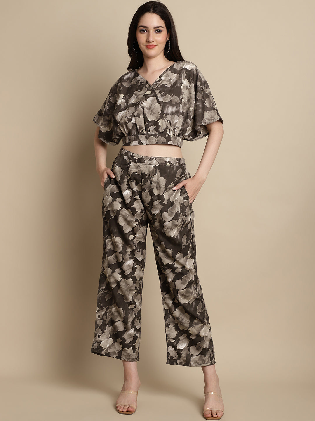 Jainish Women's Brown Printed Crop Top With Palazzos 