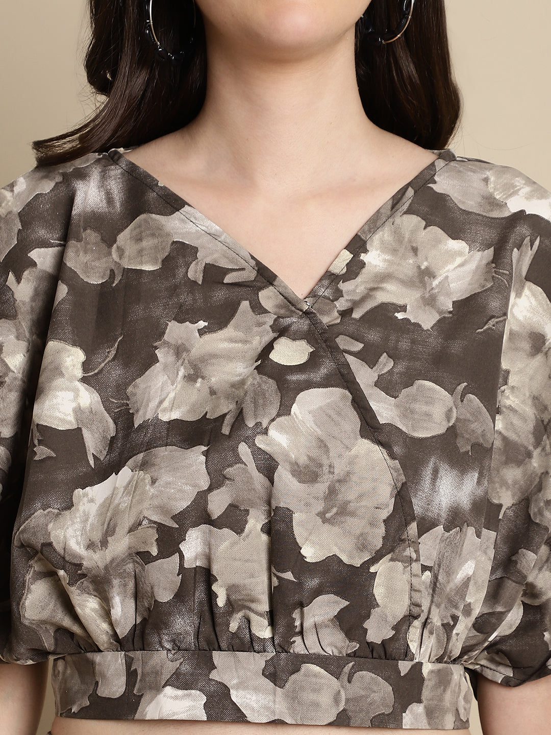 Jainish Women's Brown Printed Crop Top With Palazzos 