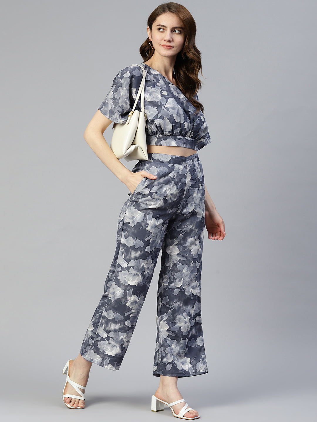 Jainish Women's Grey Printed Crop Top With Palazzos 
