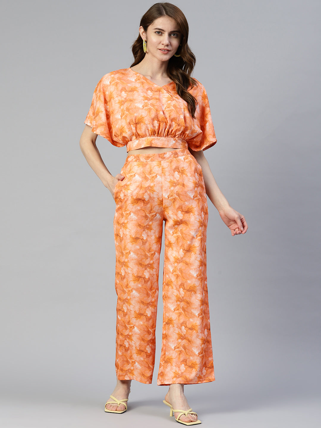 Jainish Women's Orange Printed Crop Top With Palazzos 