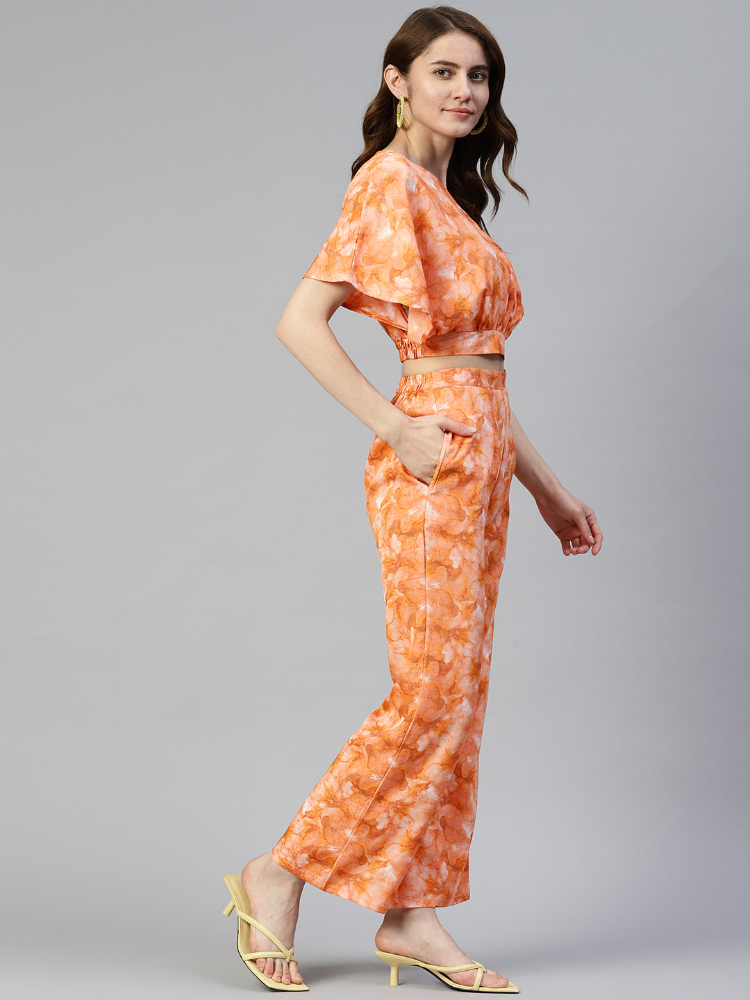Jainish Women's Orange Printed Crop Top With Palazzos 