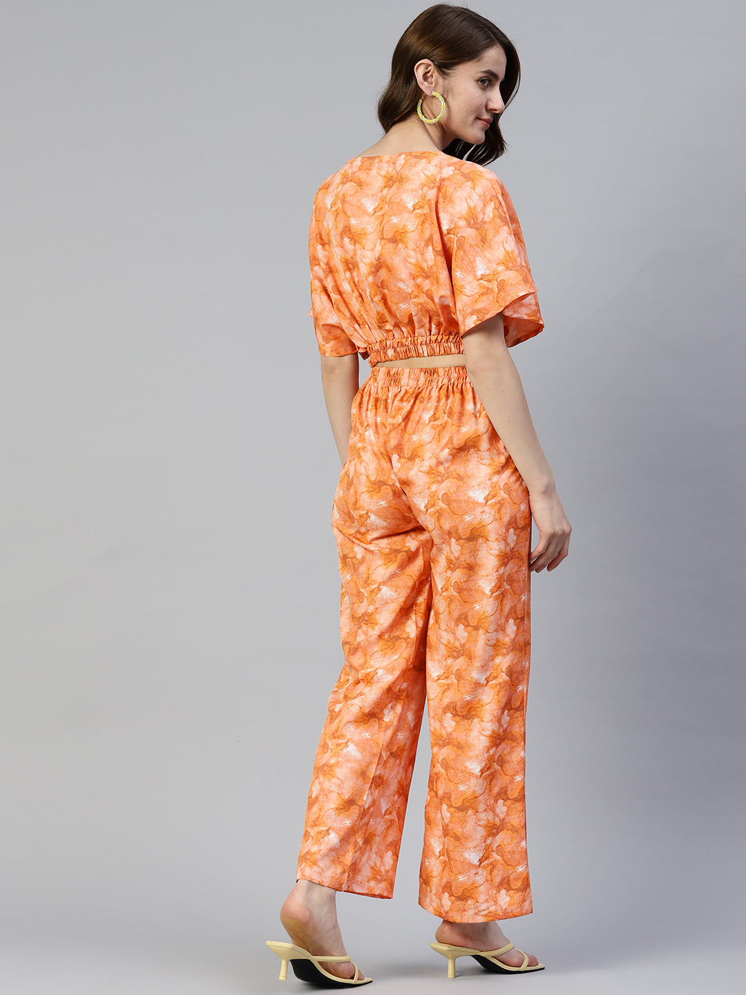 Jainish Women's Orange Printed Crop Top With Palazzos 