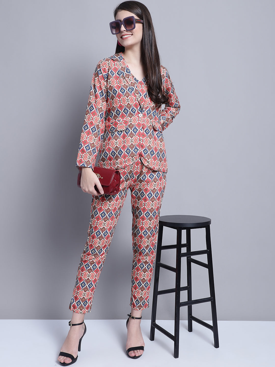 Jainish Women's WoDigital Printed Crop Top and Jacket Set - Red 