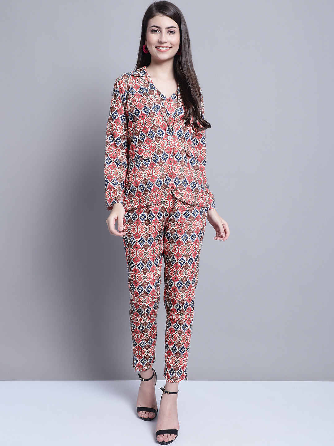 Jainish Women's WoDigital Printed Crop Top and Jacket Set - Red 