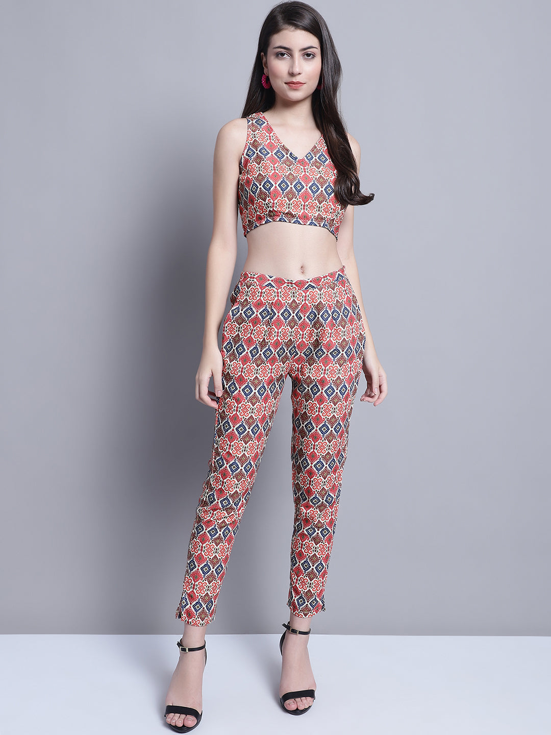 Jainish Women's WoDigital Printed Crop Top and Jacket Set - Red 