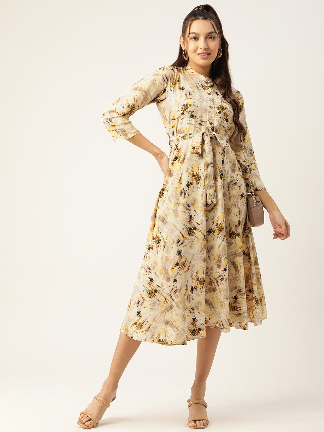 Jainish Women's Abstract Printed Crepe Shirt Collar Maxi Dress with Belt - Cream