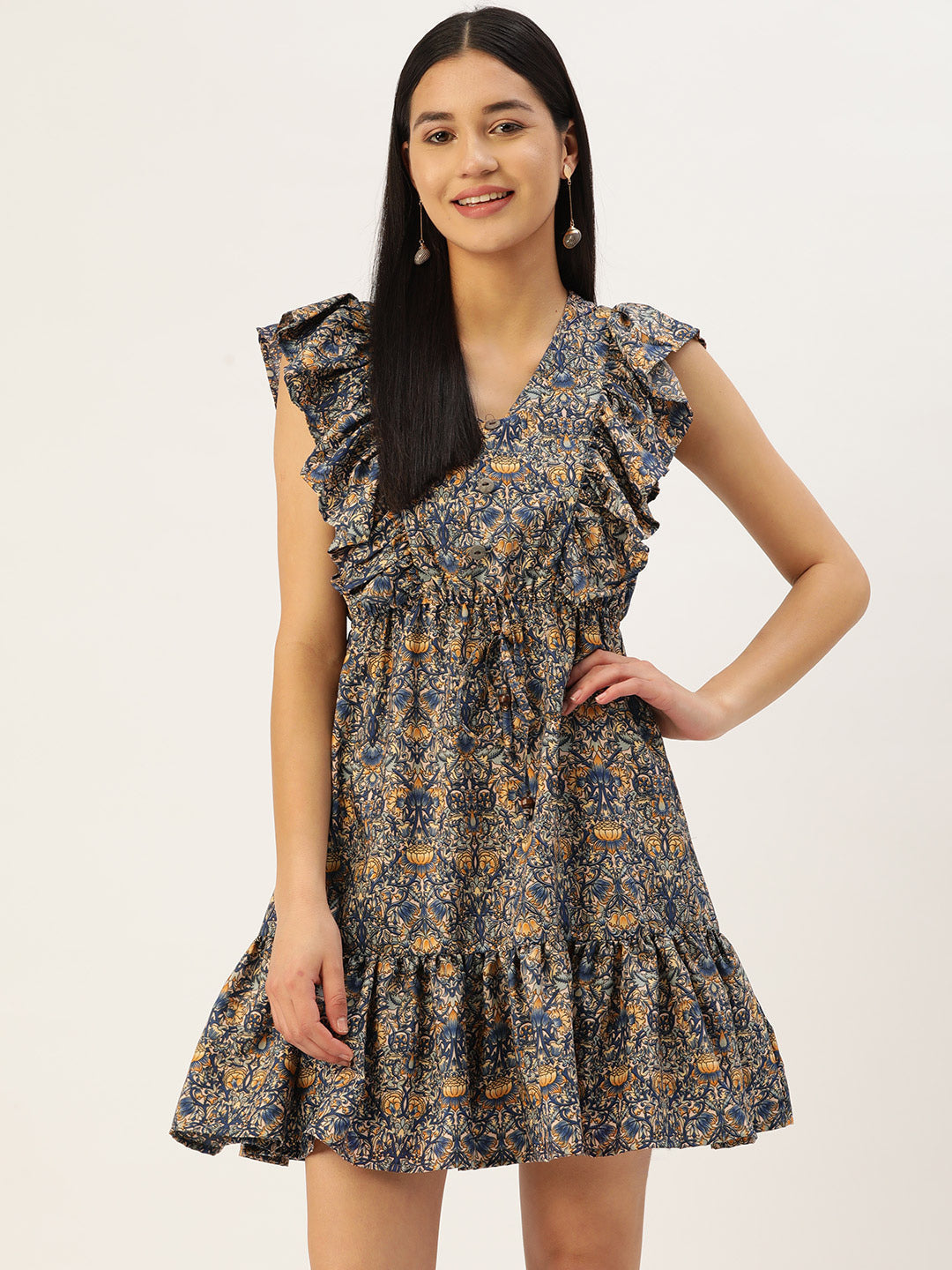 Jainish Women's Navy Blue & Cream-Coloured Floral Crepe A-Line Dress