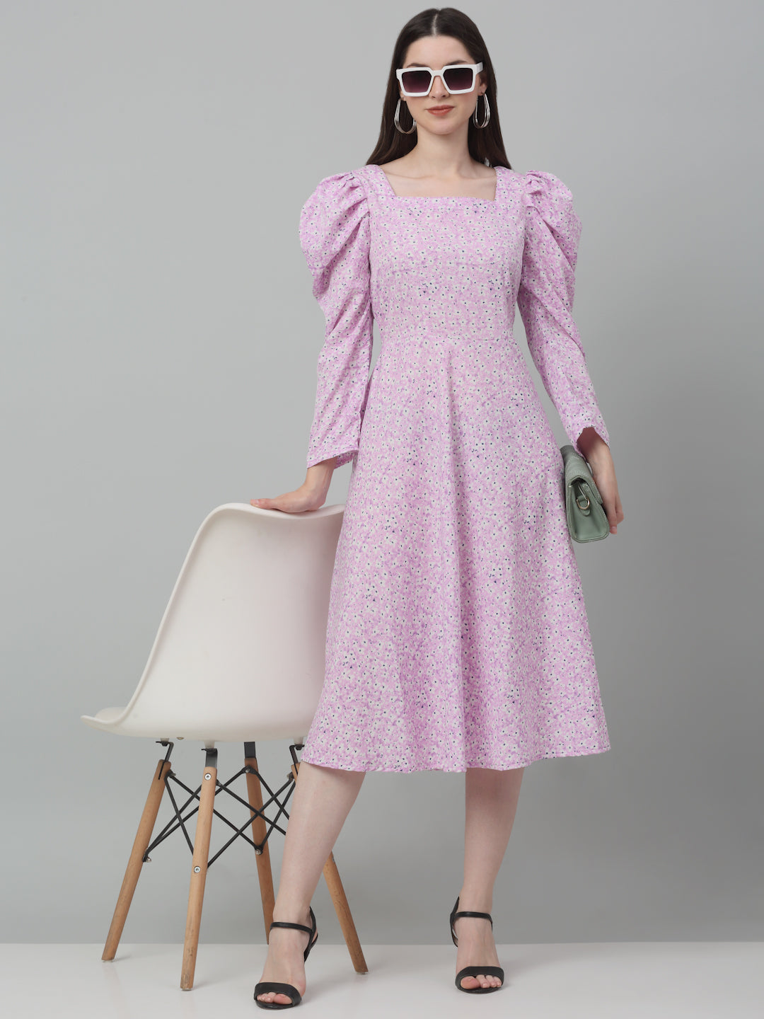 Jainish Women's WoFloral Print Square Neck Puff Sleeved flared Dress - Light-Purple