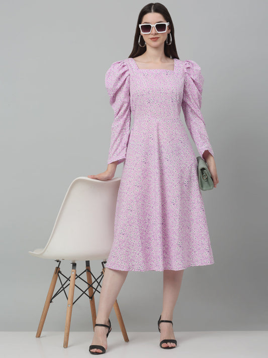 Jainish Women's WoFloral Print Square Neck Puff Sleeved flared Dress - Light-Purple