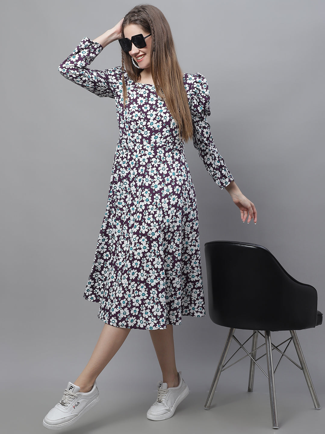 Jainish Women's WoFloral Print Square Neck Puff Sleeved flared Dress - Purple