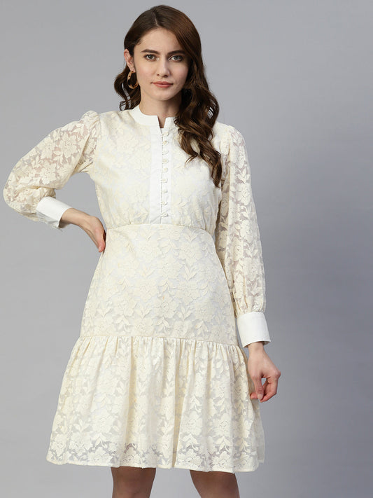 Jainish Women's Cream Net Tiered Dress