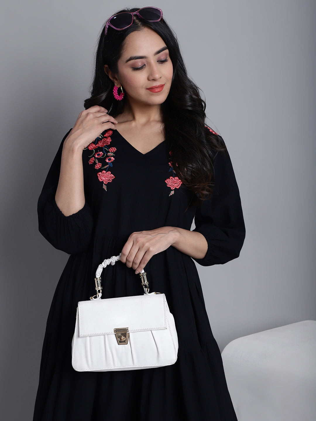Jainish Women's WoBlack Floral Embroidered A-line Dress
