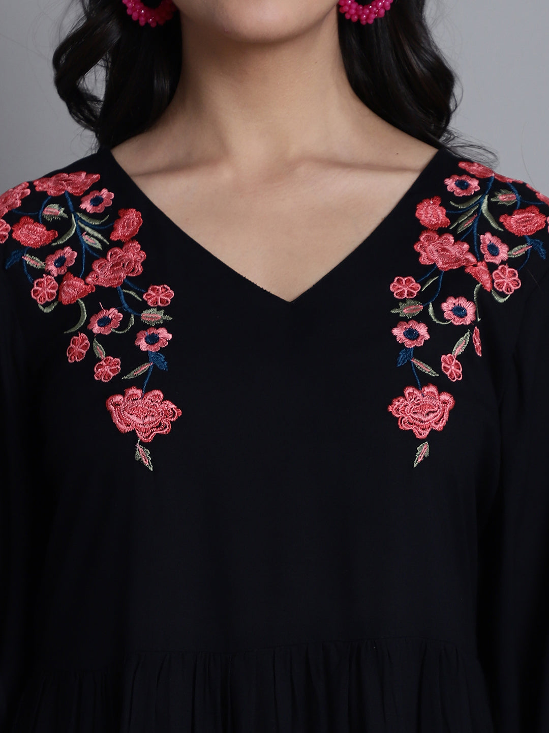 Jainish Women's WoBlack Floral Embroidered A-line Dress