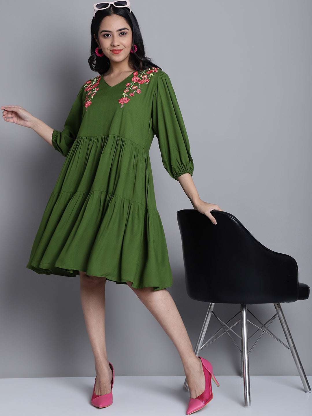 Jainish Women's WoGreen Floral Embroidered A-line Dress