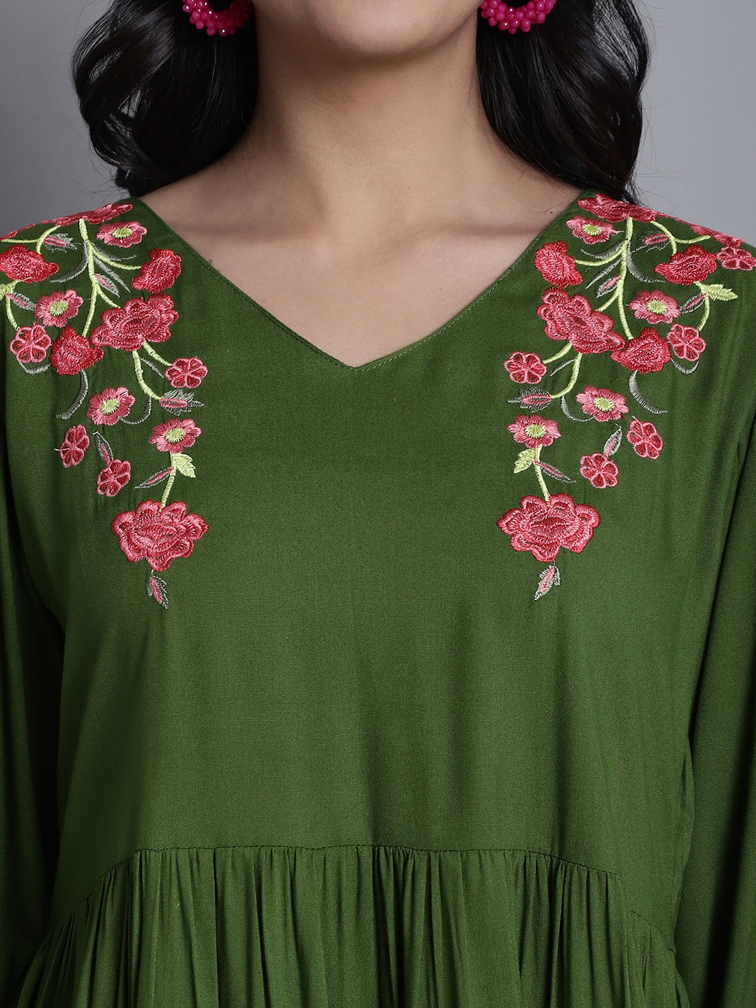 Jainish Women's WoGreen Floral Embroidered A-line Dress