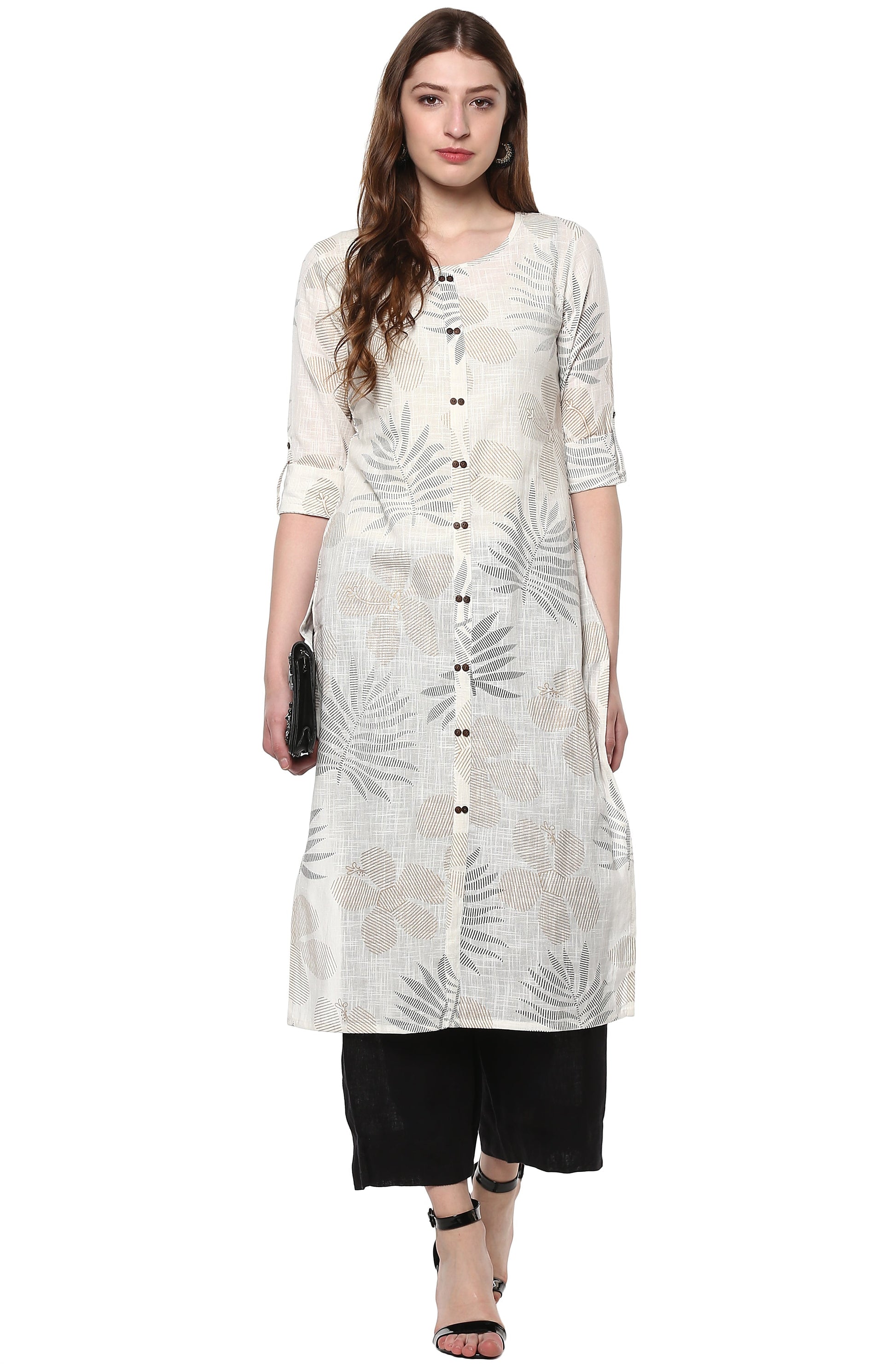 Janasya Off White Cotton Foil Print Straight kurta 