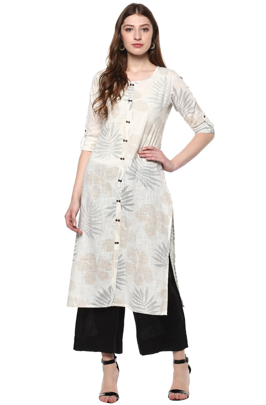Janasya Off White Cotton Foil Print Straight kurta 
