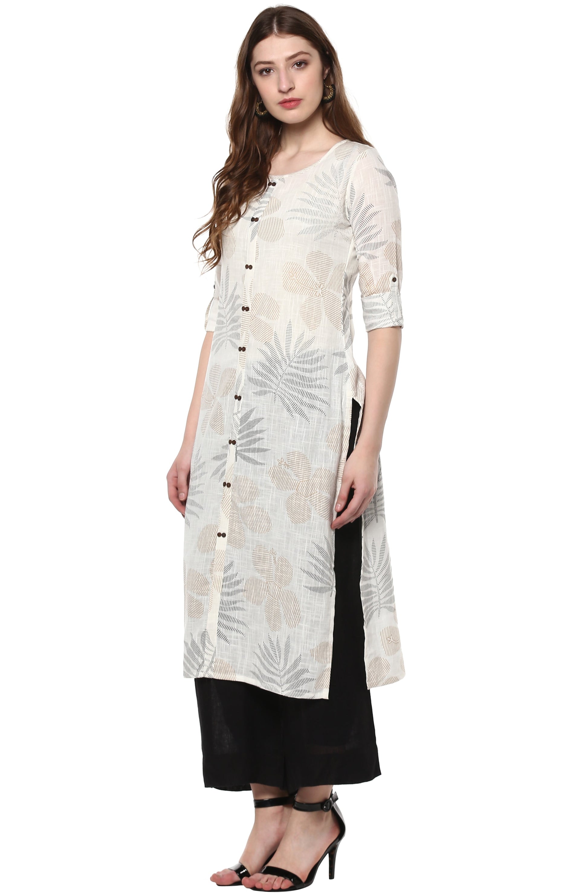 Janasya Off White Cotton Foil Print Straight kurta 