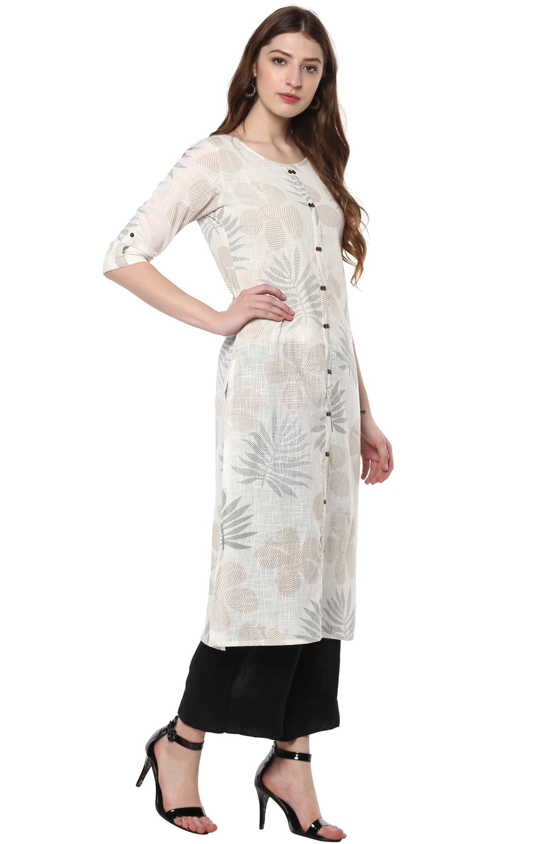 Janasya Off White Cotton Foil Print Straight kurta 