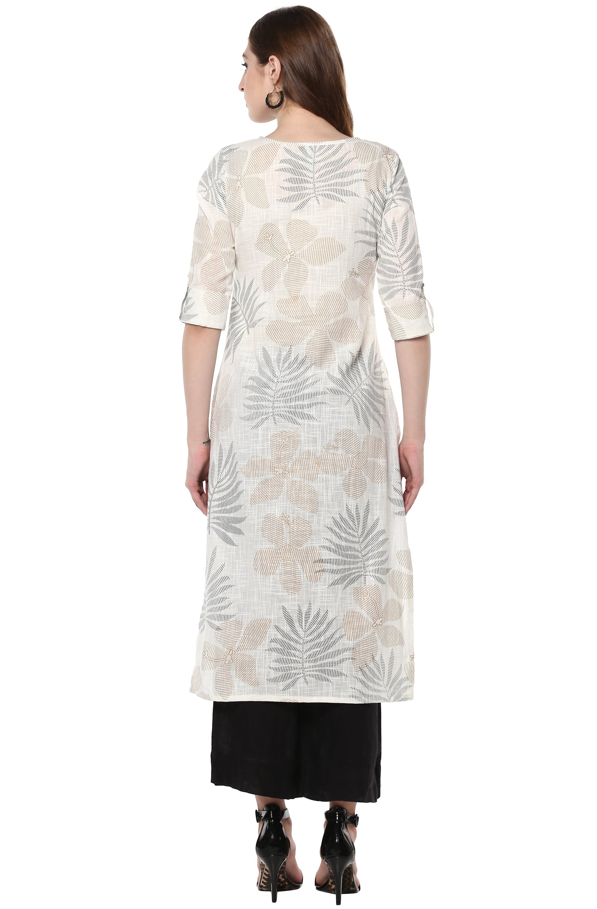 Janasya Off White Cotton Foil Print Straight kurta 