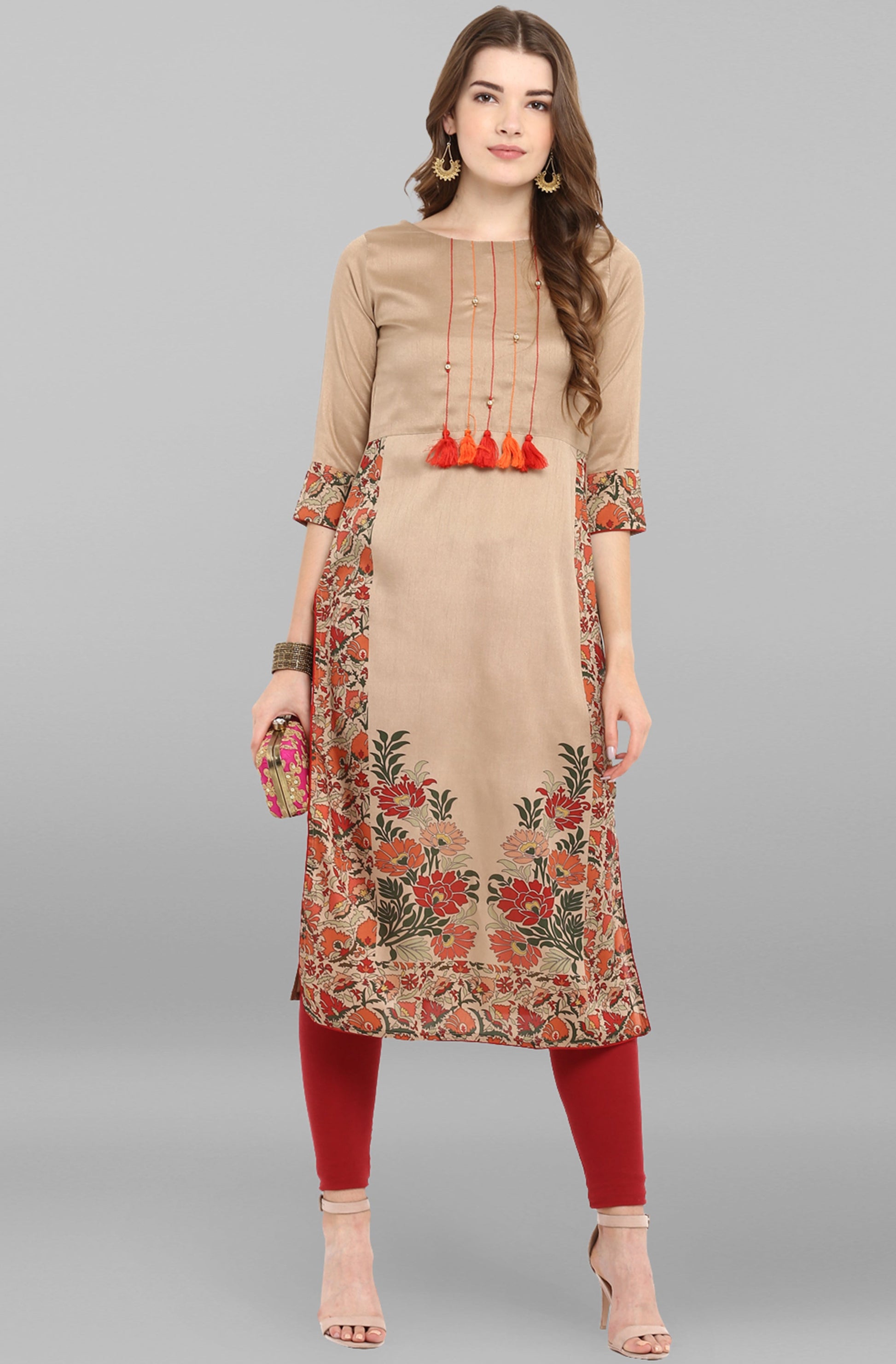 Janasya Women's Light Brown Poly Silk Floral Printed Casual Straight kurta 