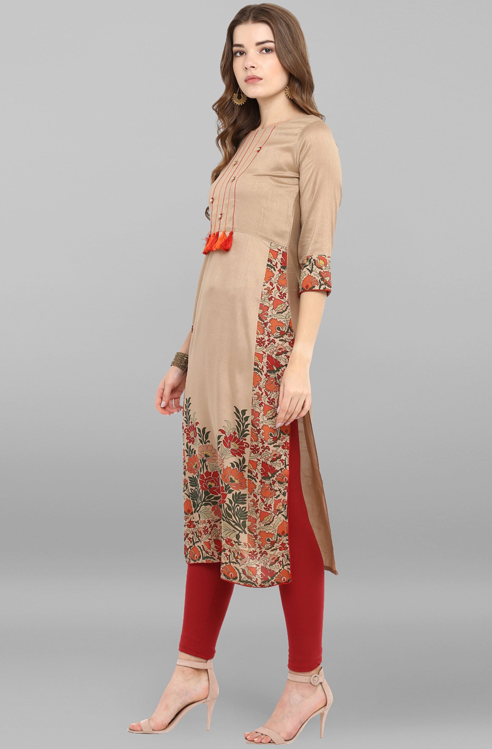 Janasya Women's Light Brown Poly Silk Floral Printed Casual Straight kurta 