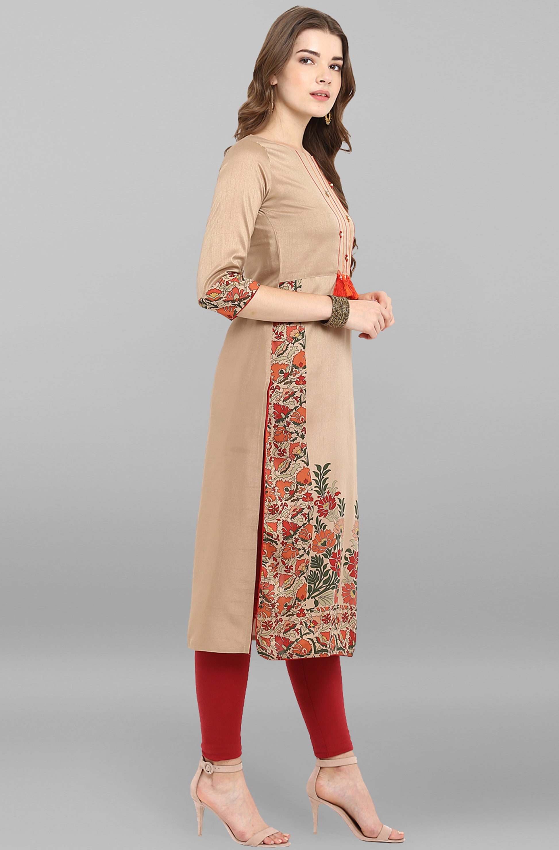 Janasya Women's Light Brown Poly Silk Floral Printed Casual Straight kurta 