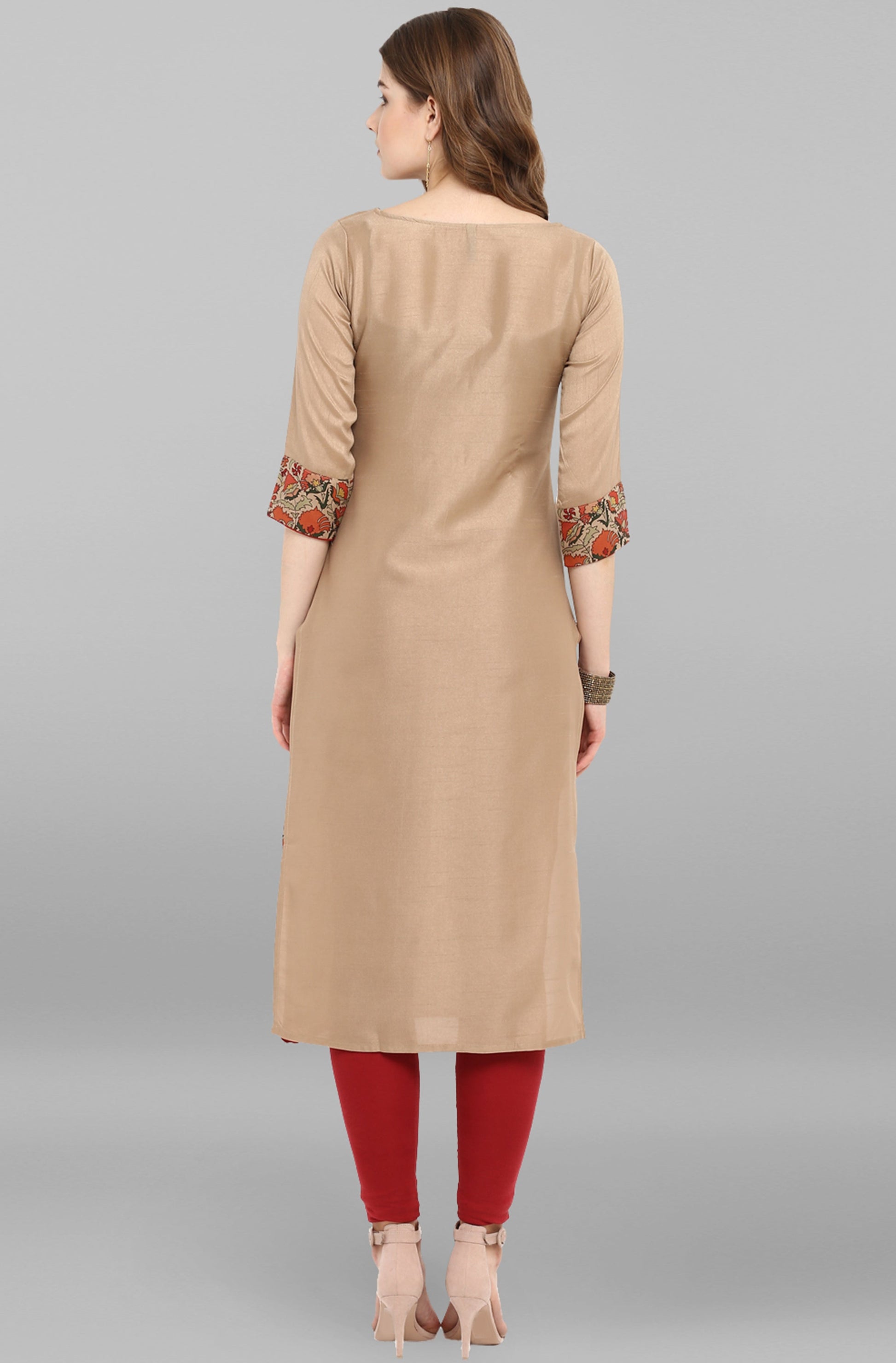 Janasya Women's Light Brown Poly Silk Floral Printed Casual Straight kurta 