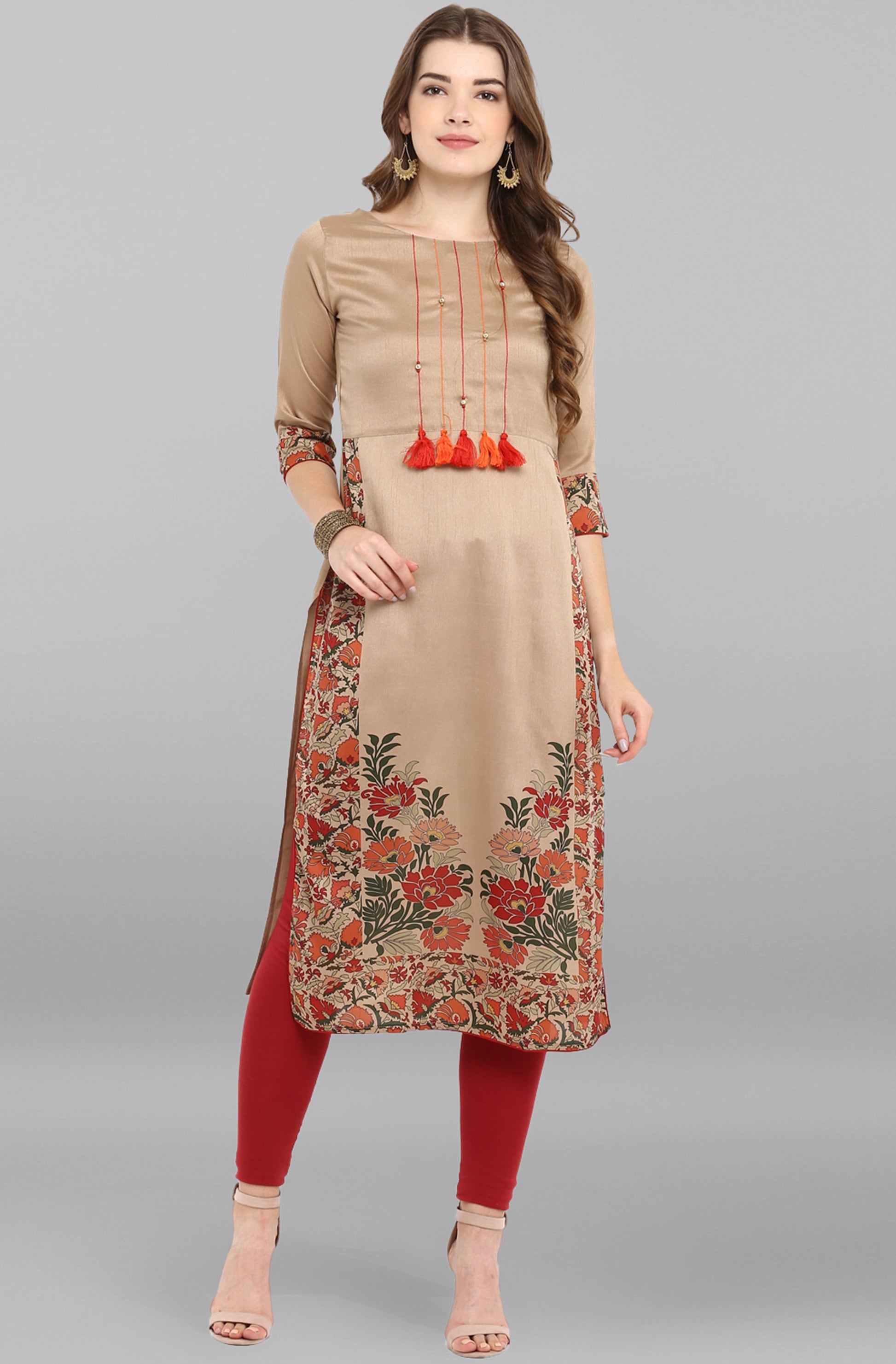 Janasya Women's Light Brown Poly Silk Floral Printed Casual Straight kurta 
