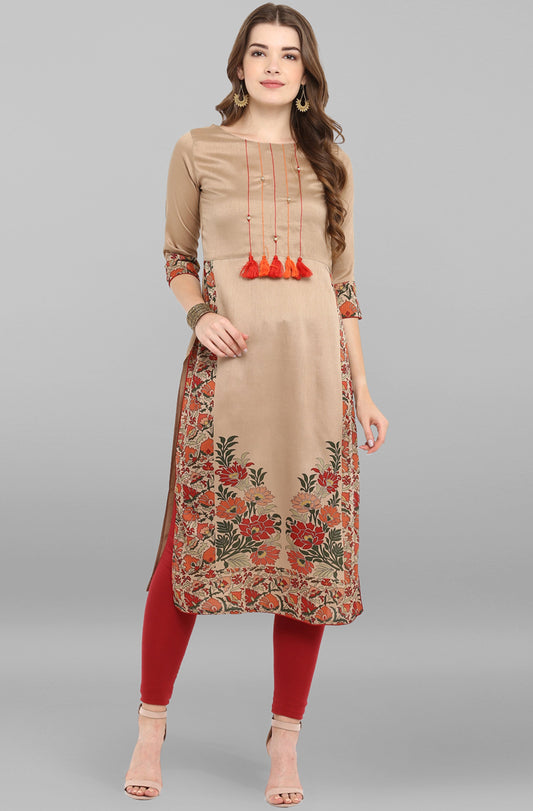 Janasya Women's Light Brown Poly Silk Floral Printed Casual Straight kurta 