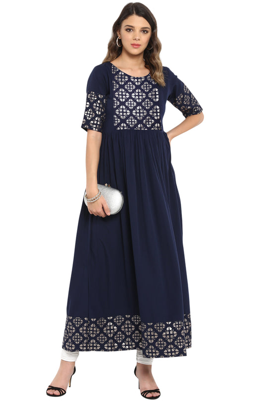 Janasya Dark Blue Poly Crepe Foil Print Flared kurta 