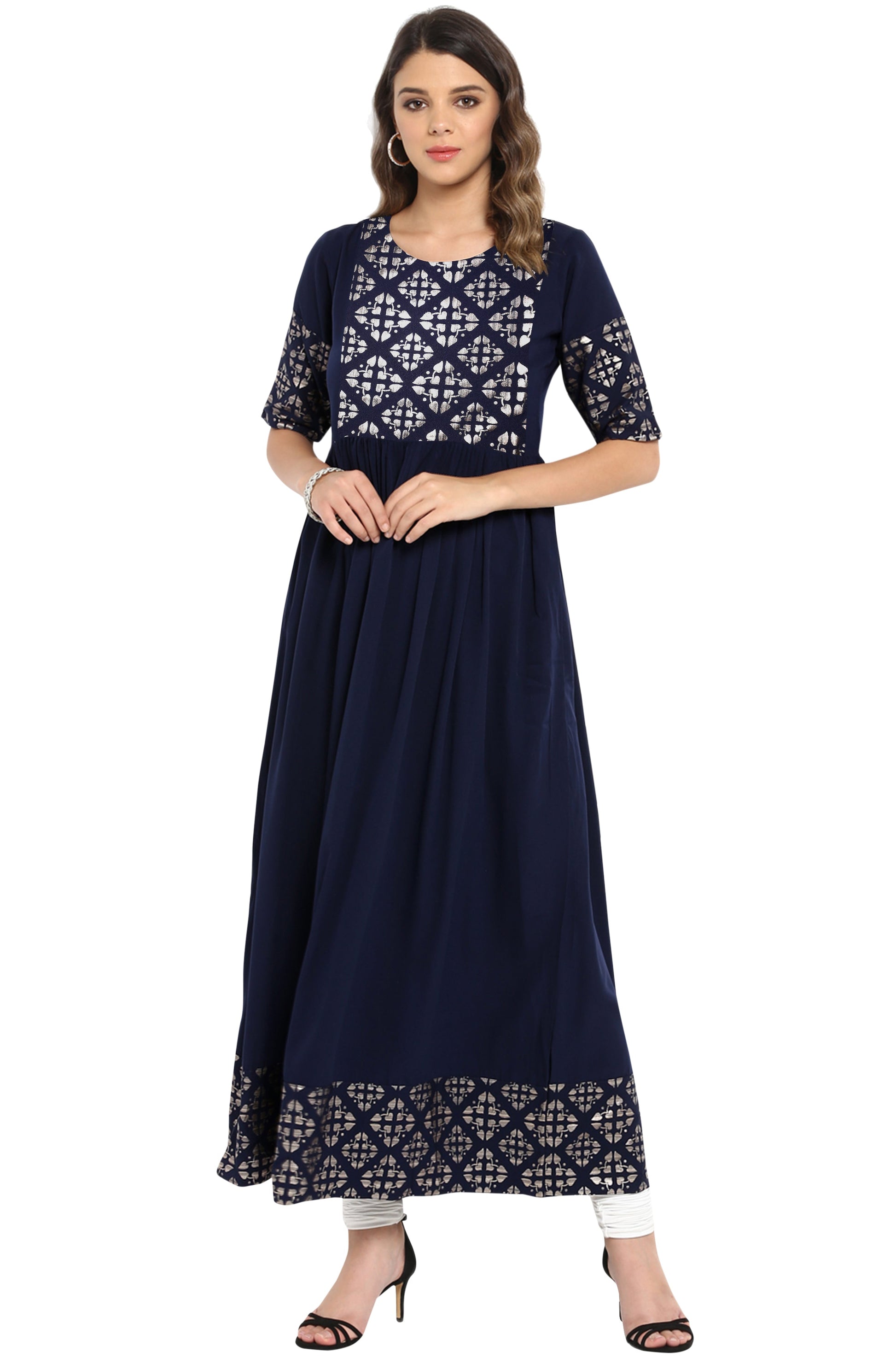 Janasya Dark Blue Poly Crepe Foil Print Flared kurta 