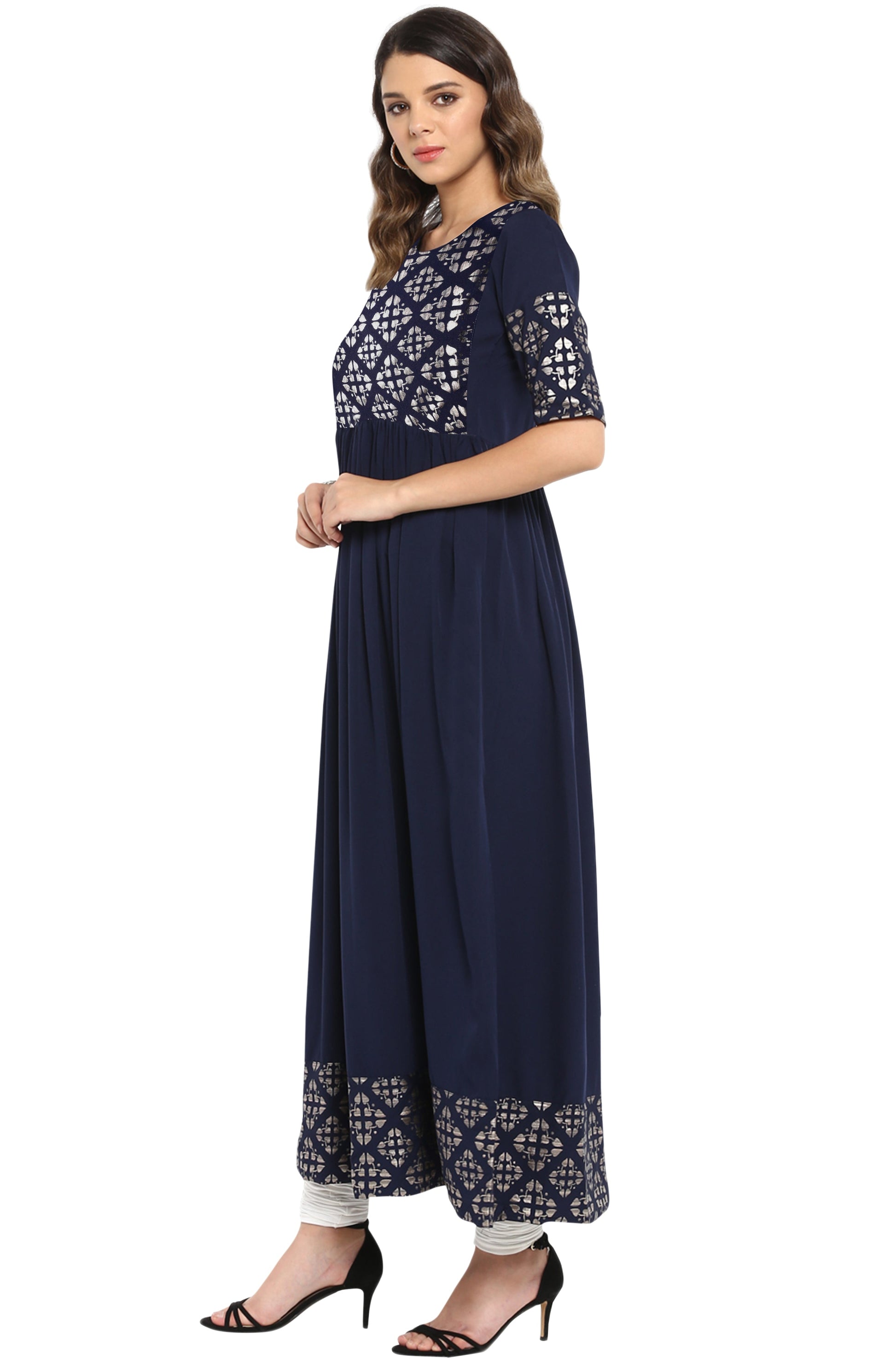 Janasya Dark Blue Poly Crepe Foil Print Flared kurta 
