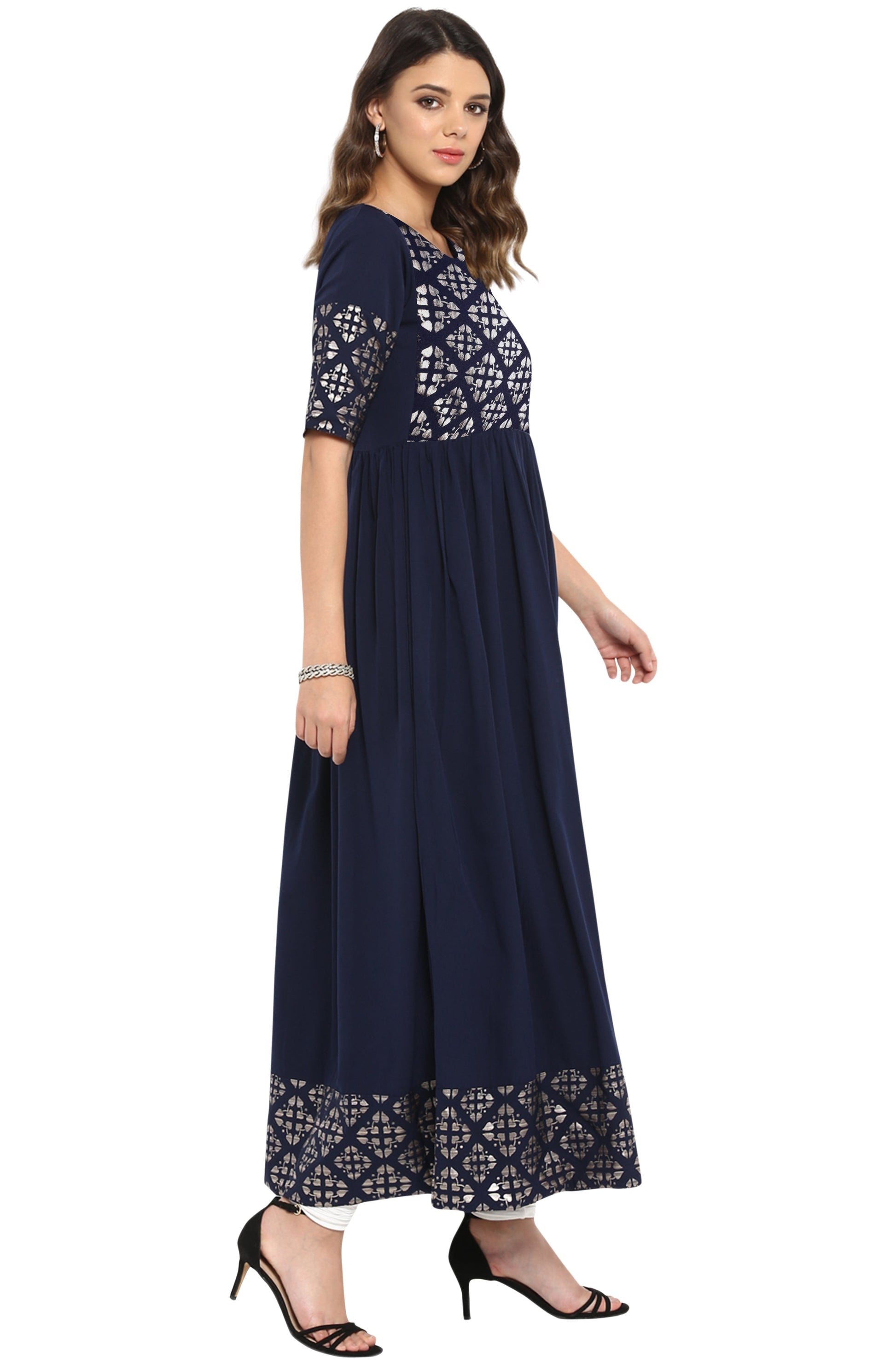 Janasya Dark Blue Poly Crepe Foil Print Flared kurta 